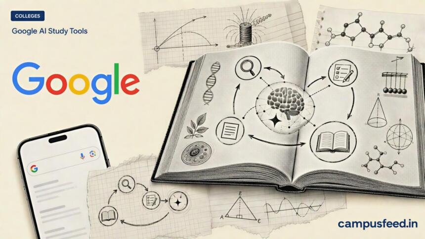 Google AI Study Tools shown as a halftone open textbook with Search and Gemini learning features for JEE and NEET preparation
