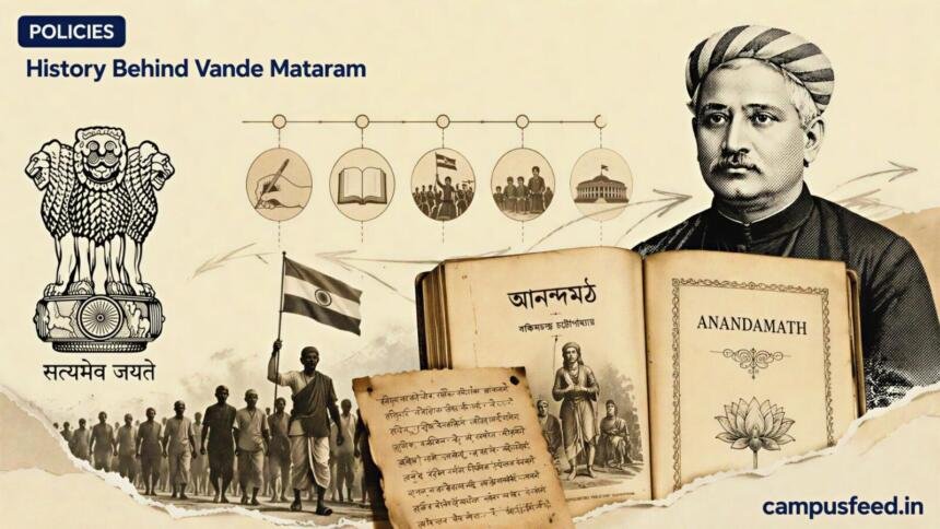 History behind Vande Mataram illustrated with Bankim Chandra Chatterjee, Anandamath pages, historic timeline elements and the Government of India emblem