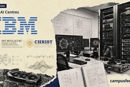 IBM AI Centres at MIT Bengaluru and CHRIST University shown with GPU computing and enterprise AI research tools in a halftone campus lab