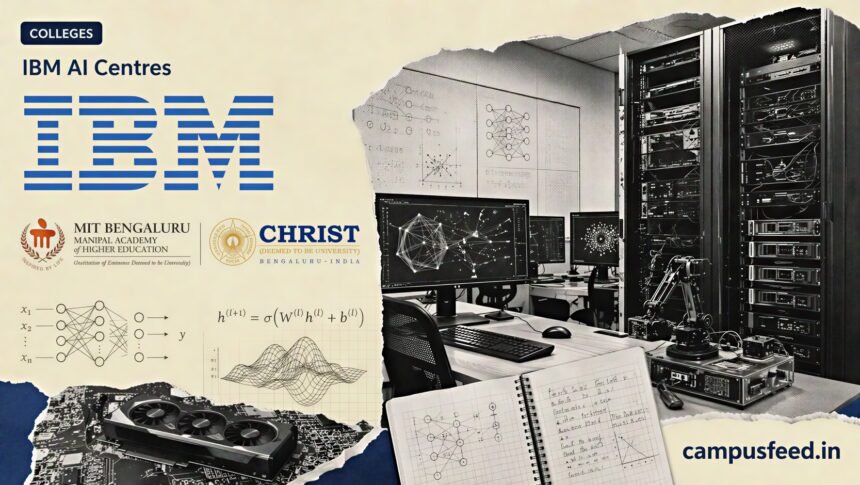 IBM AI Centres at MIT Bengaluru and CHRIST University shown with GPU computing and enterprise AI research tools in a halftone campus lab