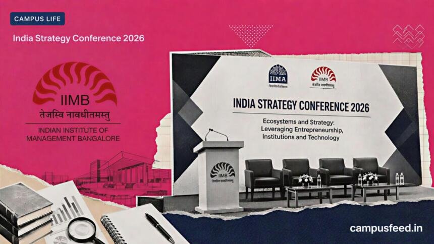 IIM Bangalore conference banner and academic stage collage for India Strategy Conference 2026, jointly organised with IIM Ahmedabad, IIM Calcutta and ISB