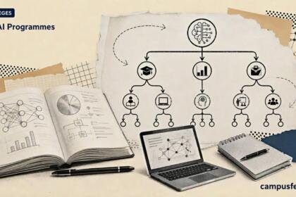 IIM AI programmes explainer with IIM Lucknow logo, sketched AI degree flowchart, executive course pathways and cream-paper editorial collage