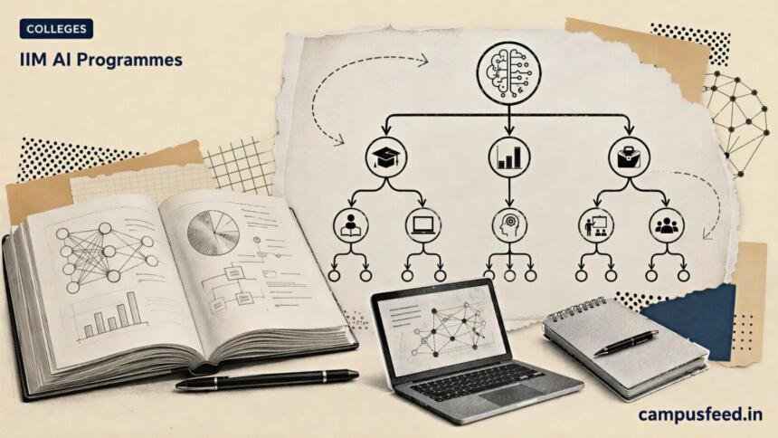 IIM AI programmes explainer with IIM Lucknow logo, sketched AI degree flowchart, executive course pathways and cream-paper editorial collage