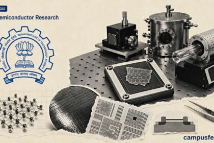 IIT Bombay 2D Semiconductor Research visual featuring a prototype chip, Nanofabrication Facility logo, wafer components and HackerFab fabrication tools