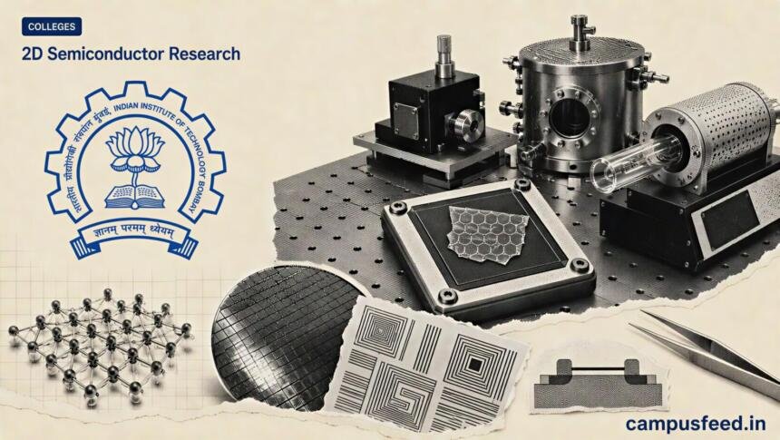 IIT Bombay 2D Semiconductor Research visual featuring a prototype chip, Nanofabrication Facility logo, wafer components and HackerFab fabrication tools