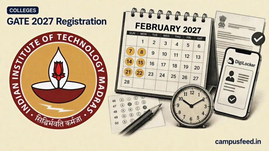 IIT Madras GATE 2027 registration calendar collage showing GOAPS application dates, DigiLocker verification cues and official IIT Madras branding