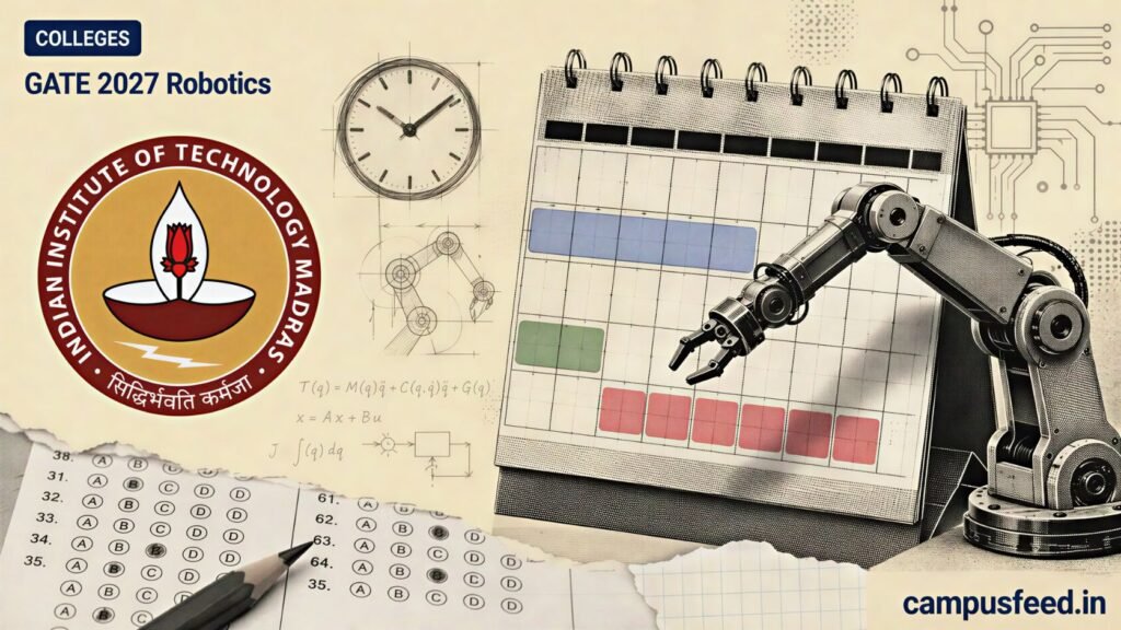 GATE 2027 Robotics calendar and exam-paper collage with the official IIT Madras logo, registration timeline, robotic arm schematic, and February test window