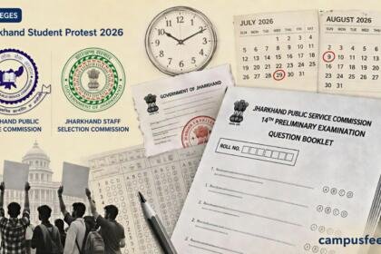 Jharkhand Student Protest 2026 over JPSC and JSSC exam irregularities, with recruitment commission emblems, exam papers and cancellation notices in Ranchi