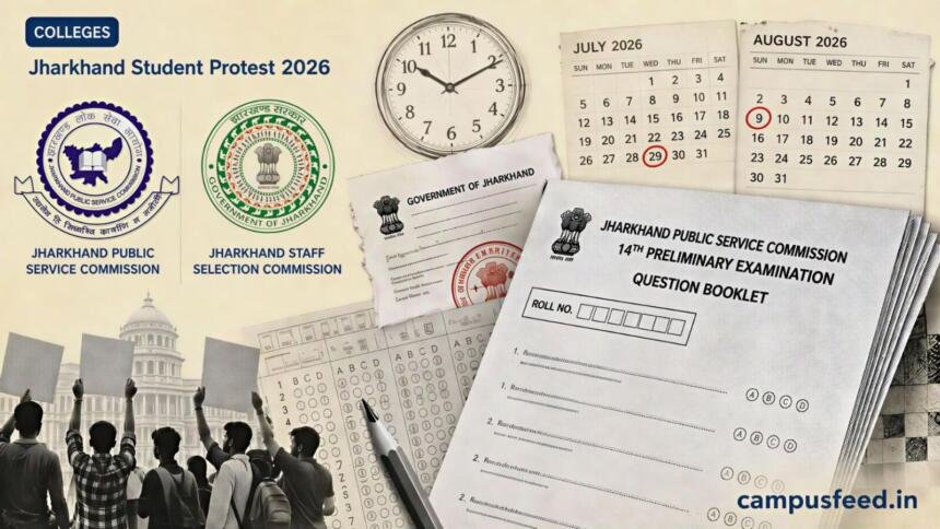 Jharkhand Student Protest 2026 over JPSC and JSSC exam irregularities, with recruitment commission emblems, exam papers and cancellation notices in Ranchi