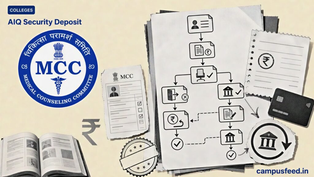 MCC AIQ Security Deposit explainer with fee receipt, refund flowchart and NEET UG 2026 counselling documents