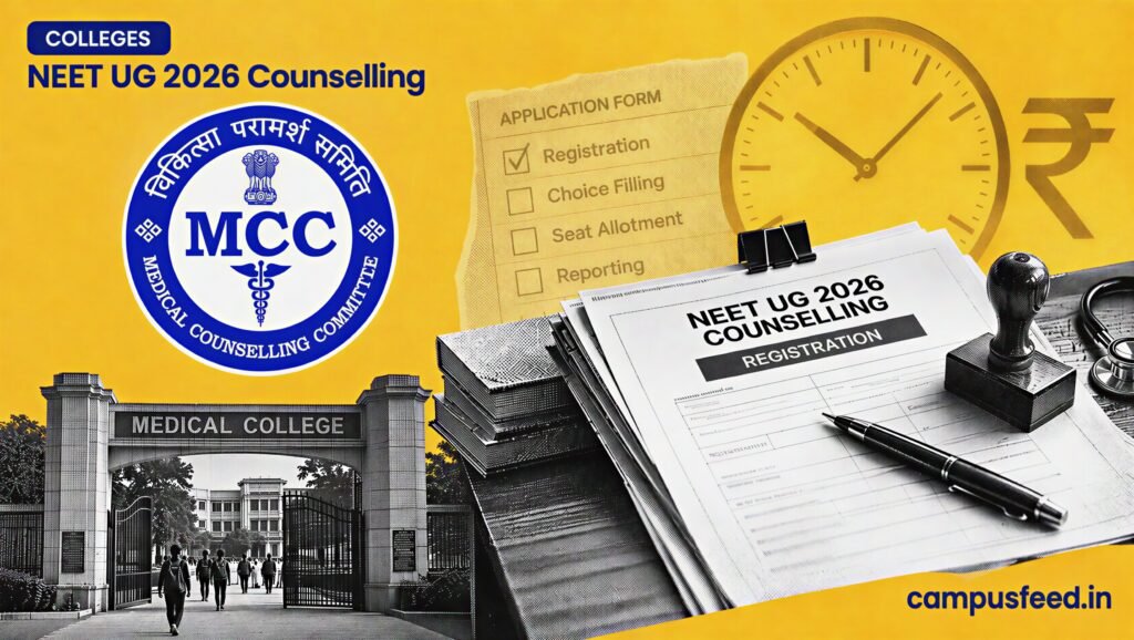 NEET UG Counselling 2026 document stack with MCC emblem, application forms, deadline clock and medical college gate silhouette on a mustard background
