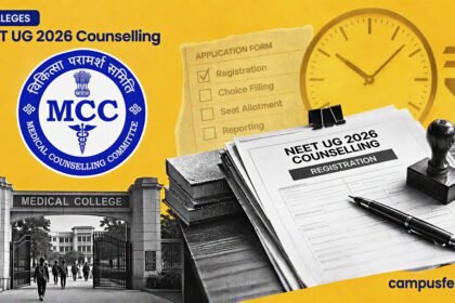 NEET UG Counselling 2026 document stack with MCC emblem, application forms, deadline clock and medical college gate silhouette on a mustard background