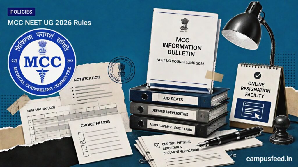 MCC NEET UG 2026 Rules shown through an official counselling bulletin, MCC emblem, policy files and Round 3 seat-allotment decision cues