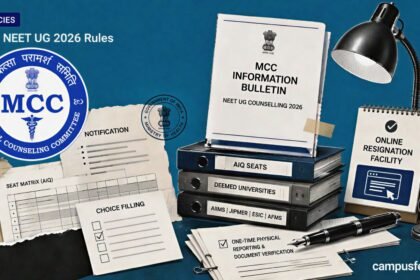 MCC NEET UG 2026 Rules shown through an official counselling bulletin, MCC emblem, policy files and Round 3 seat-allotment decision cues