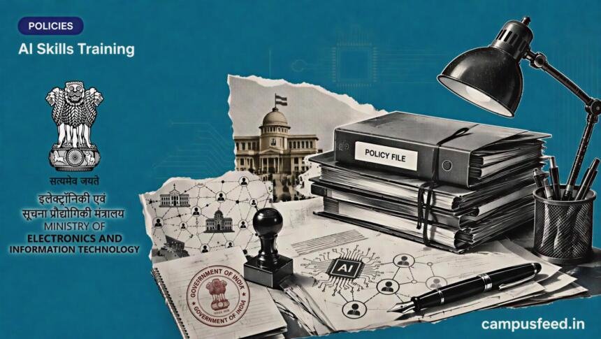 MeitY emblem beside a halftone policy desk representing AI skills training for 1 crore youth after the August 2026 Independence Day pledge