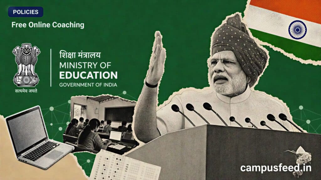 Free Online Coaching scheme with Government of India and Ministry of Education emblems beside a halftone rural classroom representing competitive exam access