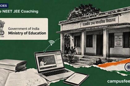 Government of India emblem beside a halftone rural school facade representing free NEET JEE coaching through a proposed national online coaching network