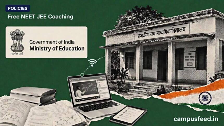 Government of India emblem beside a halftone rural school facade representing free NEET JEE coaching through a proposed national online coaching network
