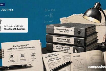 Ministry of Education panel on NEET JEE Prep with policy files and exam-paper collage highlighting the school-to-entrance-exam readiness gap