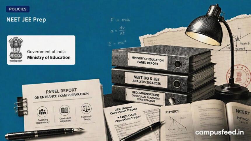 Ministry of Education panel on NEET JEE Prep with policy files and exam-paper collage highlighting the school-to-entrance-exam readiness gap