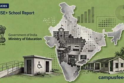 UDISE+ school report 2025-26 visual with Ministry of Education emblem, India map, school-data grid and infrastructure gap indicators