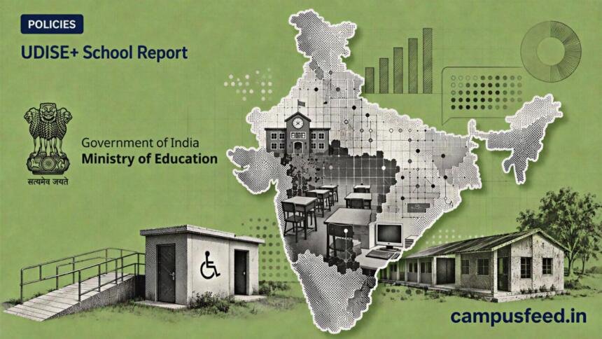 UDISE+ school report 2025-26 visual with Ministry of Education emblem, India map, school-data grid and infrastructure gap indicators