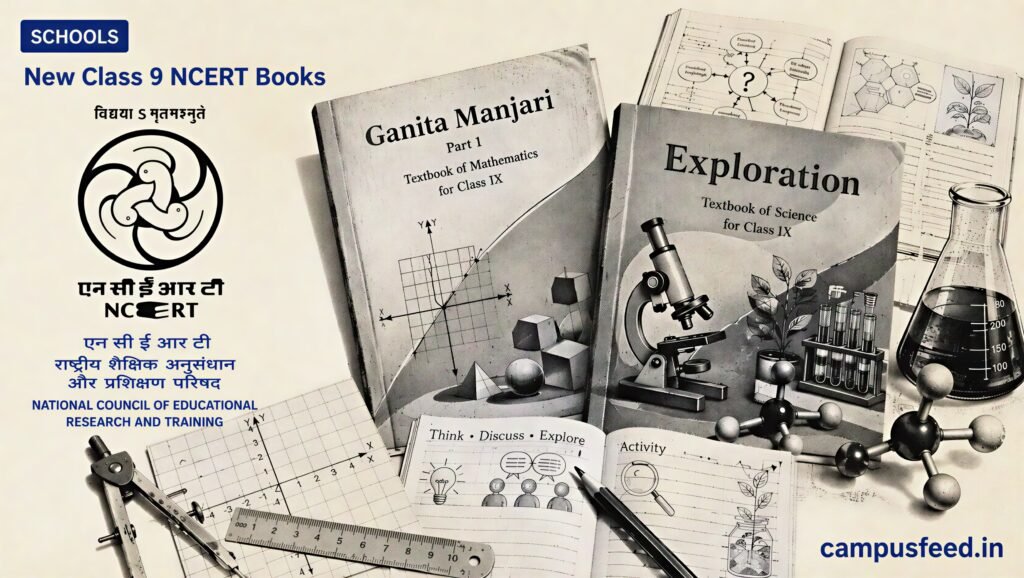 New Class 9 NCERT Books visual with Ganita Manjari and Exploration textbooks, NCERT emblem, geometry tools and science laboratory elements