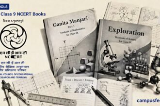 New Class 9 NCERT Books visual with Ganita Manjari and Exploration textbooks, NCERT emblem, geometry tools and science laboratory elements