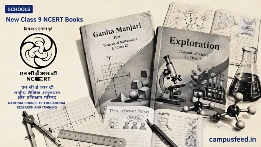 New Class 9 NCERT Books visual with Ganita Manjari and Exploration textbooks, NCERT emblem, geometry tools and science laboratory elements