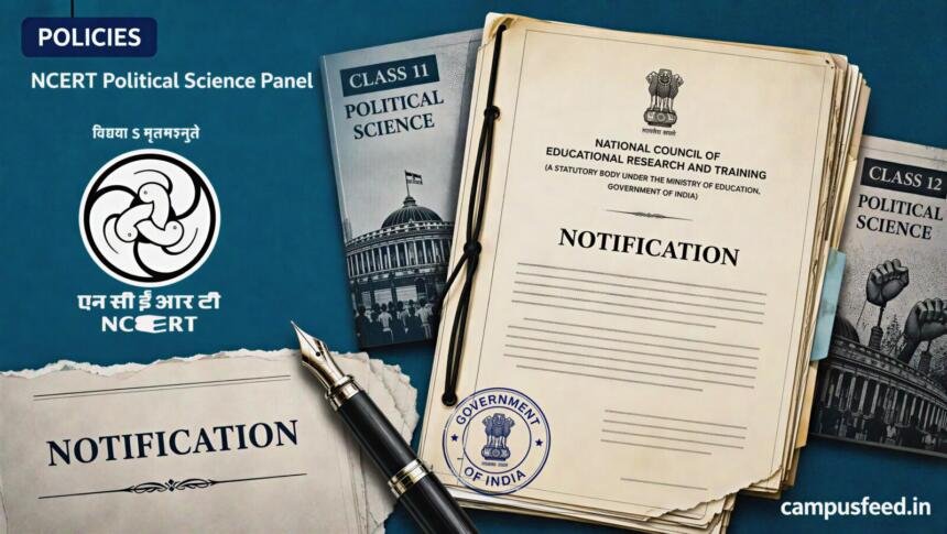 NCERT Political Science Panel recast shown through an official notification collage, NCERT emblem and Class 11 and 12 textbook elements for 2026