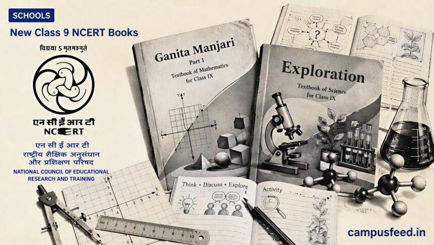 New Class 9 NCERT Books Bring Bold Inquiry-Led Math, Science 1 New Class 9 NCERT Books visual with Ganita Manjari and Exploration textbooks, NCERT emblem, geometry tools and science laboratory elements