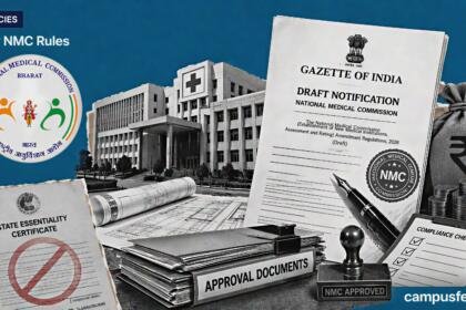 New NMC Rules visual with official Gazette notification, NMC emblem, completed medical college infrastructure and regulatory approval documents
