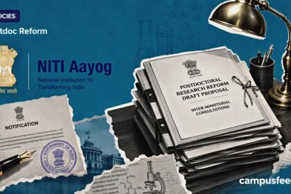 NITI Aayog logo beside a policy desk, official notification and research files illustrating the Postdoc Reform proposal for India's researchers