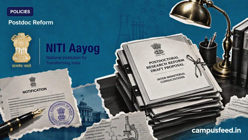 NITI Aayog logo beside a policy desk, official notification and research files illustrating the Postdoc Reform proposal for India's researchers