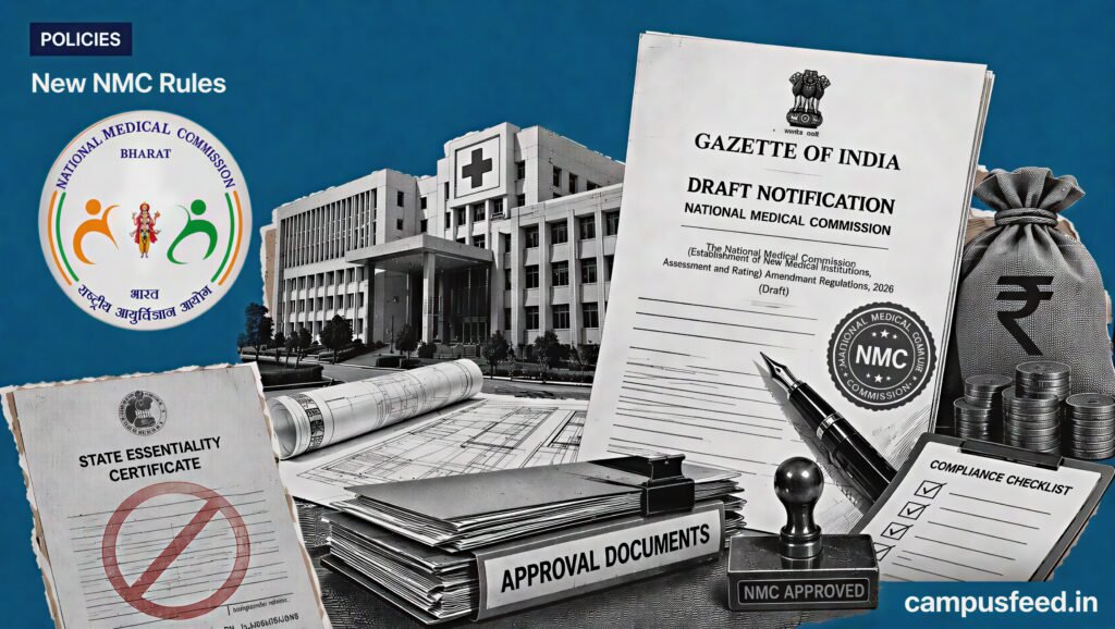 New NMC Rules visual with official Gazette notification, NMC emblem, completed medical college infrastructure and regulatory approval documents