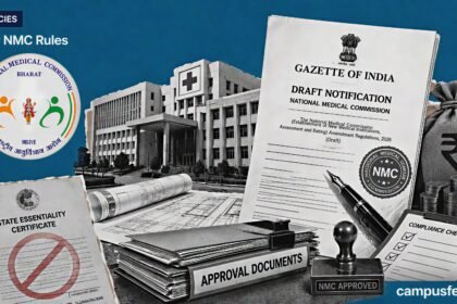 New NMC Rules visual with official Gazette notification, NMC emblem, completed medical college infrastructure and regulatory approval documents