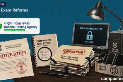 NTA Exam Reforms visualised with the NTA emblem, confidential exam files, an offline workstation, security protocols and a government policy desk