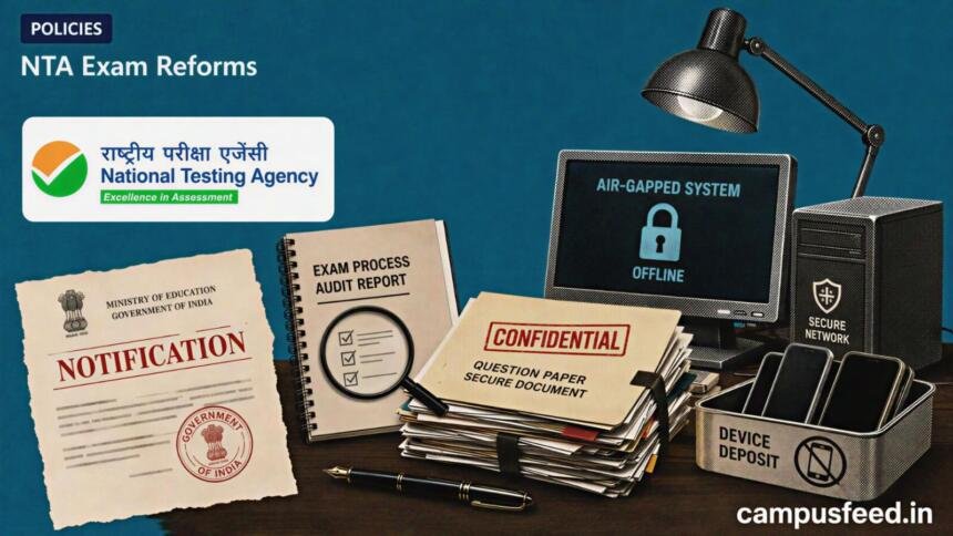 NTA Exam Reforms visualised with the NTA emblem, confidential exam files, an offline workstation, security protocols and a government policy desk