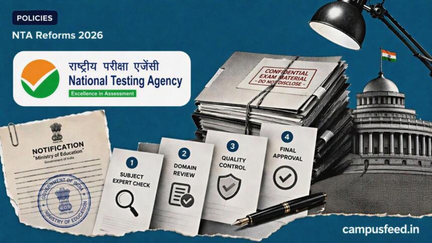 NTA Reforms 2026 visual with official NTA emblem, policy files and four-tier question paper checking represented in a halftone government desk collage
