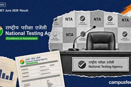 NTA result-day press podium and scorecard collage for UGC NET June 2026 Result covering 84 subjects, with the official regulator emblem