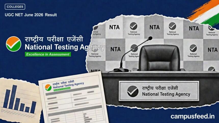UGC NET June 2026 Result Declared: 84 Subjects Now Live 1 NTA result-day press podium and scorecard collage for UGC NET June 2026 Result covering 84 subjects, with the official regulator emblem