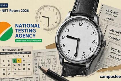 NTA UGC-NET Retest 2026 visual with official agency emblem, exam-time wristwatch, question-paper fragments and September retest calendar
