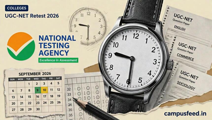 NTA UGC-NET Retest 2026 visual with official agency emblem, exam-time wristwatch, question-paper fragments and September retest calendar