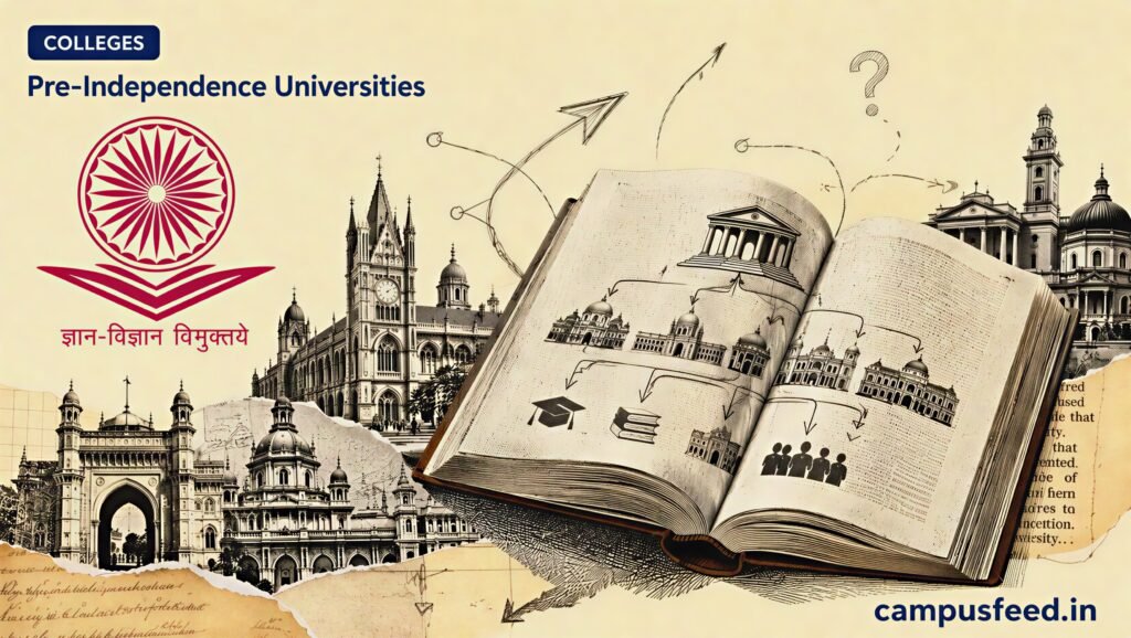 Pre-Independence Universities shown through an open textbook, UGC emblem and archival Indian university facades tracing the legacy of higher education in India