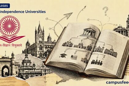 Pre-Independence Universities shown through an open textbook, UGC emblem and archival Indian university facades tracing the legacy of higher education in India