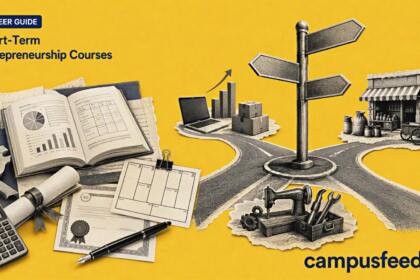 Short-Term Entrepreneurship Courses guide with halftone signposts, certificates and rupee symbols comparing Indian programmes, fees and learning paths in 2026