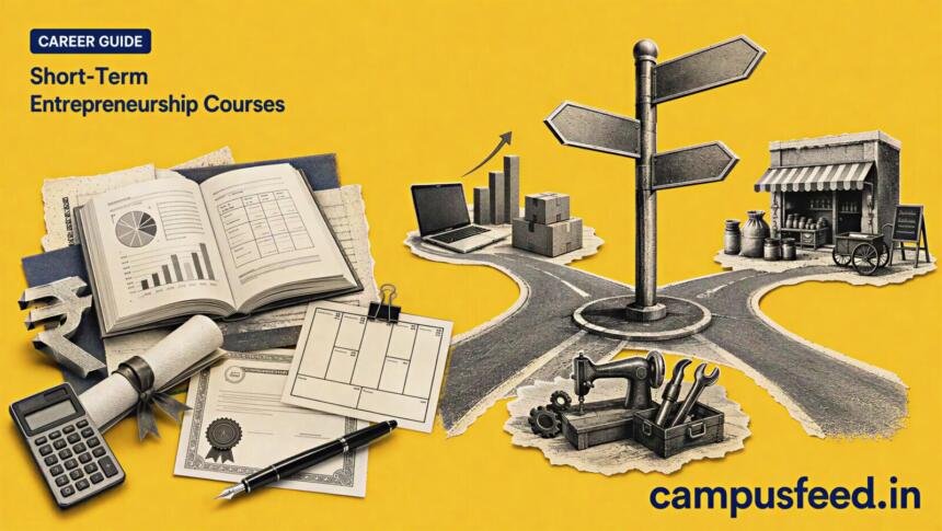 Short-Term Entrepreneurship Courses guide with halftone signposts, certificates and rupee symbols comparing Indian programmes, fees and learning paths in 2026