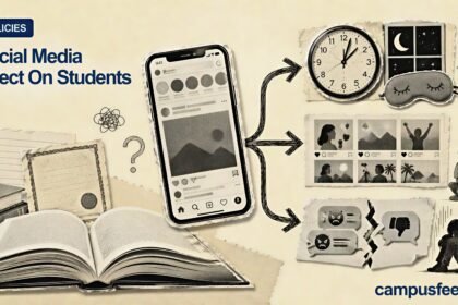 Social Media Effect On Students explainer visual with a halftone flowchart linking smartphones, sleep loss, social comparison and cyberbullying in India