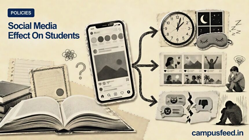 Social Media Effect On Students explainer visual with a halftone flowchart linking smartphones, sleep loss, social comparison and cyberbullying in India