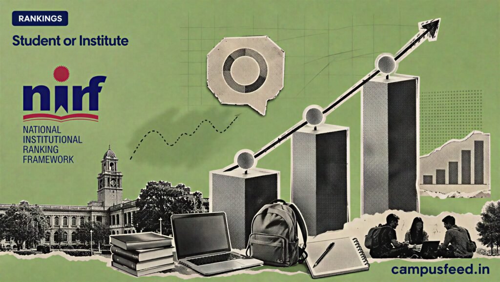 Student or Institute debate visualised through a halftone Indian college campus, employability trend fragments, and NIRF outcome cues for 2026